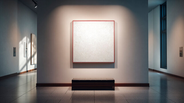 Art Gallery Display: A minimalist square artwork with a red frame is showcased in an art gallery.