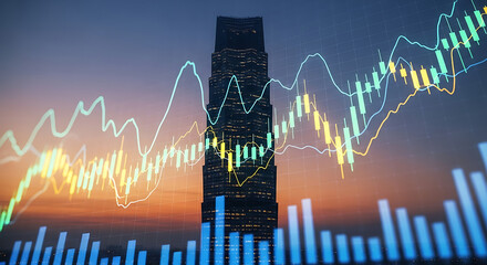 Dynamic financial charts overlaying a modern skyscraper at dusk, symbolizing global economic growth and investment.