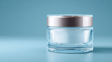 Elegant glass jar containing skincare product on a soft blue backdrop, simple and luxurious.