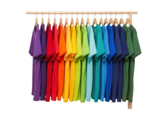 Vibrant array of colorful t shirts hanging on a wooden rack isolated on transparent background