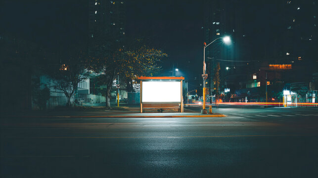 Nighttime Bus Stop Scene: The tranquil solitude of a late-night bus stop scene, illuminated by a street lamp. The photo captures an empty bus stop at night, with a soft glow cast by a street light.