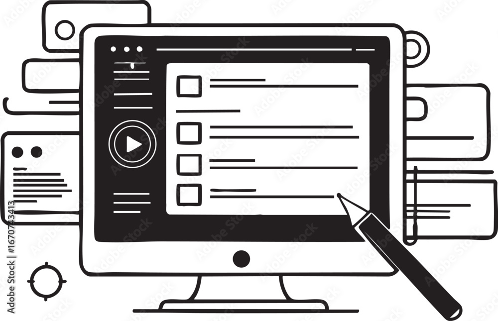 Poster digital presentation screen outline vector. slides and pointer in minimal linear style.