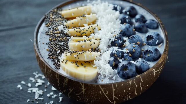 A bowl of fruit with blueberries and bananas. The bowl is made of coconut. The bowl is full of fruit and has a lot of blueberries