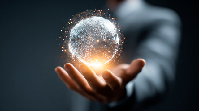 Global Connection: A close-up shot features a man's hand cradling a glowing sphere representing the globe, symbolizing technology and interconnectedness.