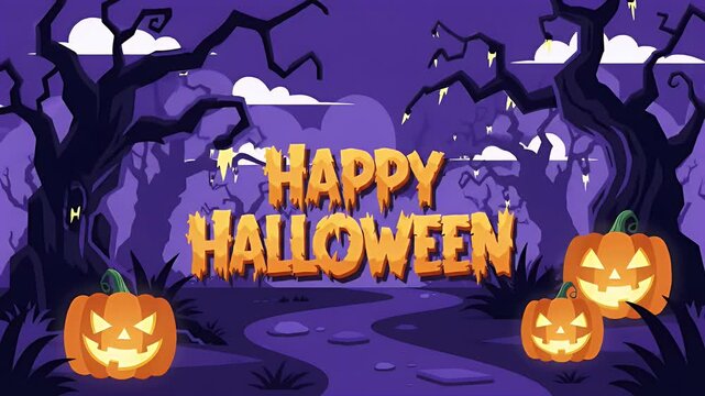 Happy Halloween Spooky Night Scene with Jack-o-Lanterns and Bare Trees.