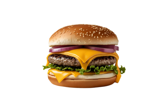 classic cheeseburger with red onion, lettuce, and melting cheese, no background