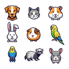 Adorable Pet Collection: An endearing collection of delightful pet illustrations, including a loyal dog, a playful cat, a curious hamster, a fluffy rabbit, another guinea pig, a colorful parrot.