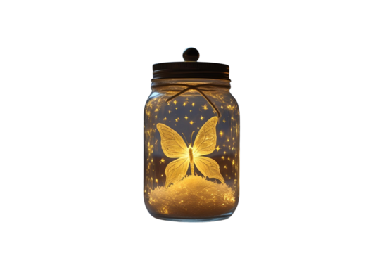 a jar, with a butterfly, and yellow lights, it is set against a white area, showing a great design and the rendering has a very good quality, and the style is beautiful, no background.