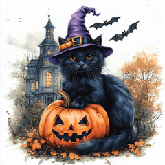 halloween background with pumpkin, bats and large fluffy black cat with witch hat