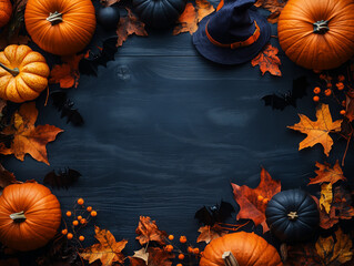 halloween background with pumpkins and fall leaves with empty middle for text 