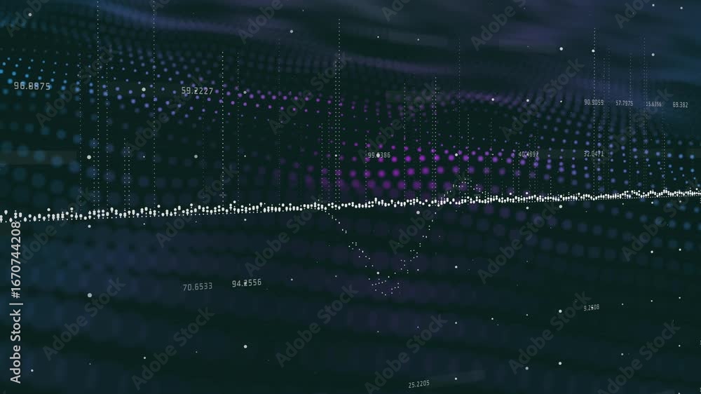 Poster opening dot grid wave rippling with colored clusters rising falling labels shifting showing trends