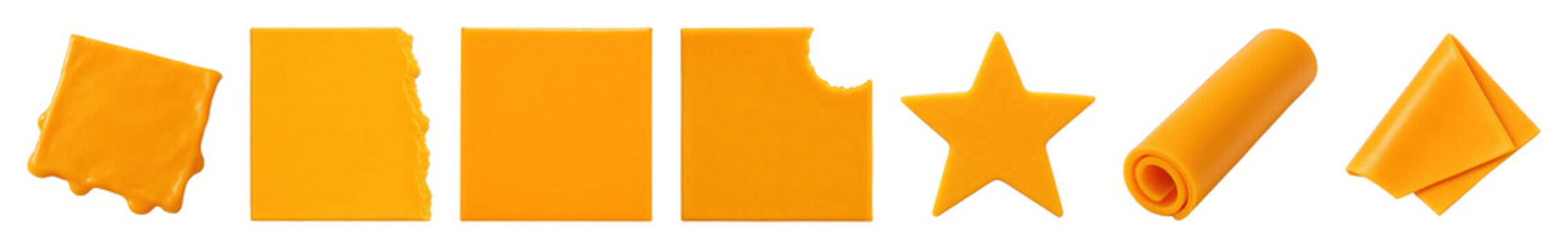Processed cheese slices set including melted, torn, whole, bitten, star-shaped, rolled, and folded variations isolated. Food ingredient and snack collection.