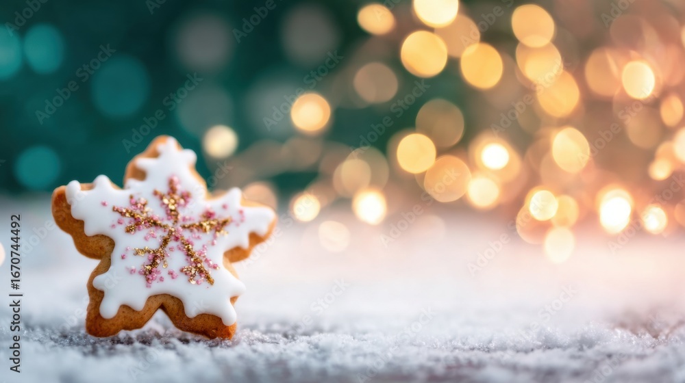 Poster decorative cookie shaped like a snowflake on a snowy surface with lights