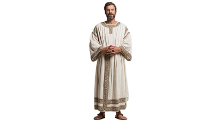Aaron full-body in priestly linen robe, biblical character PNG image with transparent background, isolated Christian figure on white.