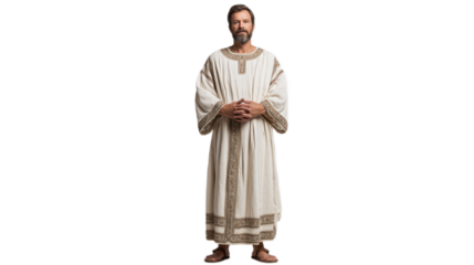 Aaron full-body in priestly linen robe, biblical character PNG image with transparent background, isolated Christian figure on white.