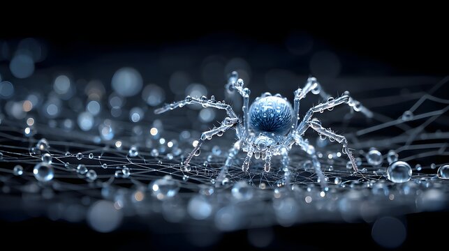 A translucent spider, encased in water droplets, rests delicately on a spiderweb, illuminated by soft light.