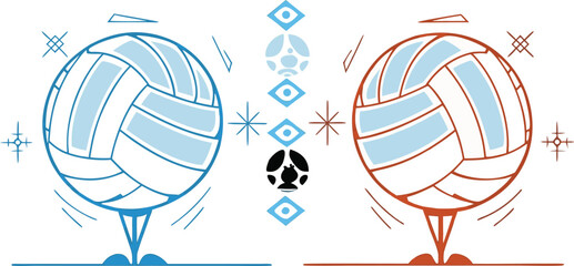 Two stylized volleyballs with decorative elements and abstract patterns