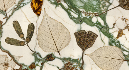overhead flat-lay composition of dried leaves, twigs and seeds arranged on white marble with green and brown veining &mdash; perfect for botanical styling, nature art, minimalist design, or organic collage 