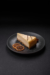 A piece of sweet New York cheesecake, dessert, cheese and vanilla pie. Classic cheesecake