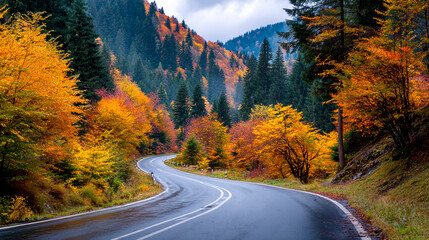 Winding Road through Autumnal Colors: A captivating journey unfolds along a serpentine road, enveloped by the vibrant hues of fall foliage and the towering presence of the mountain forest.