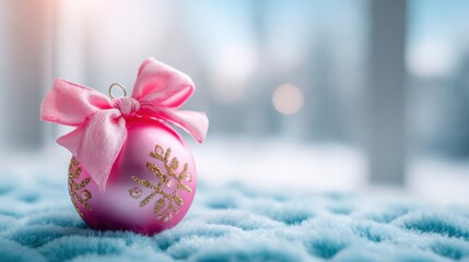 Beautiful pink Christmas ornament with ribbon on a snowy background