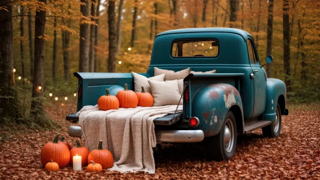 Rustic truck bed setup with autumn decor and glowing lights