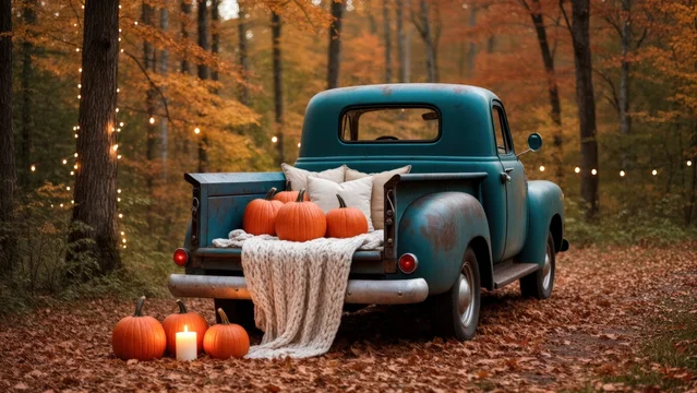 Teal pickup truck in forest with pumpkins and fall leaves