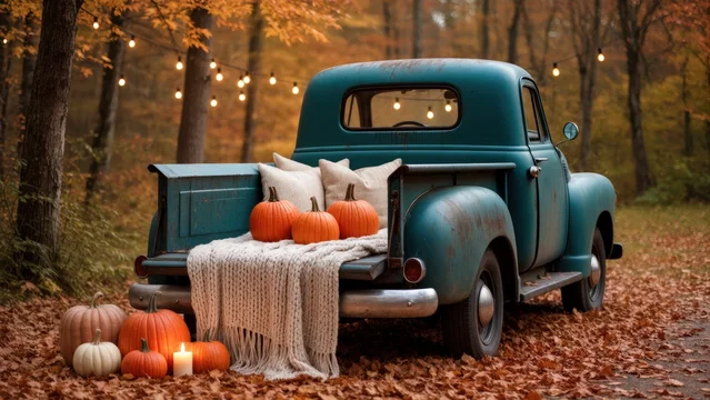 Cozy autumn truck bed with pillows and warm rustic atmosphere