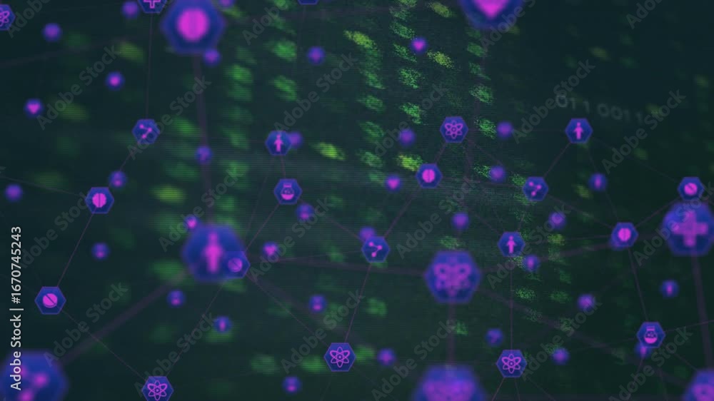 Poster on scrolling green code glowing purple hexagons materializing and linking into 3d health network