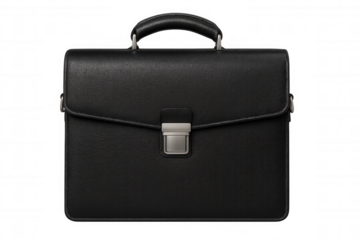 Classic black leather briefcase closed with silver clasp, isolated on transparent background, representing business and professionalism