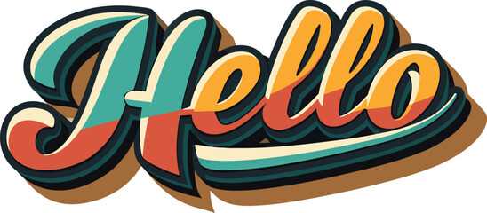 Retro style hello lettering with vibrant colors and shadow effect