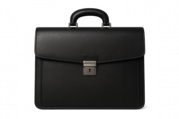 Classic black leather briefcase closed with metal combination lock, isolated on transparent background, ideal for business and finance concepts