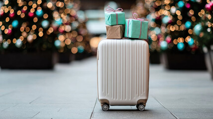 Holiday gifts stacked on a suitcase in a festive shopping area