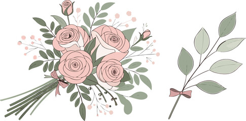 Delicate pink rose bouquet with greenery and a single stem