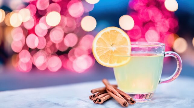 Warm lemon drink with cinnamon sticks against a blurred festive backdrop