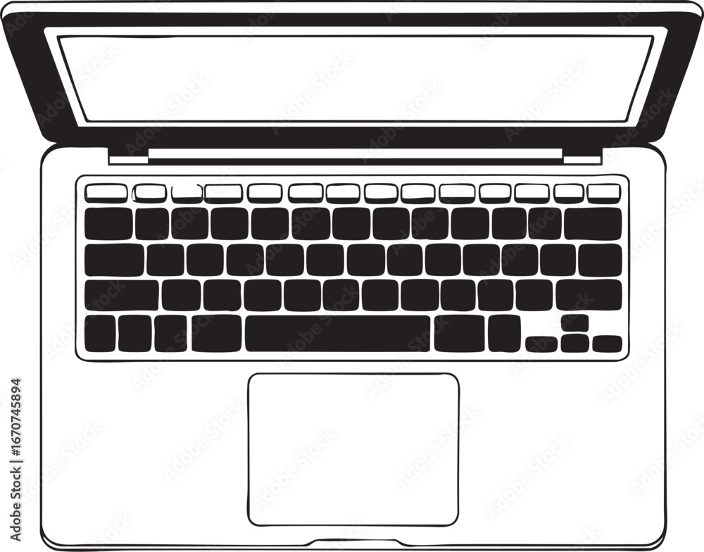Poster laptop top view outline vector. minimalist computer keyboard and touchpad technical illustration.