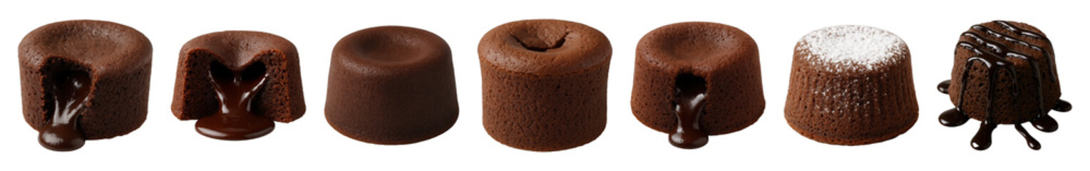 Chocolate lava cake set including whole, molten, powdered, and drizzled varieties isolated. Decadent dessert collection.