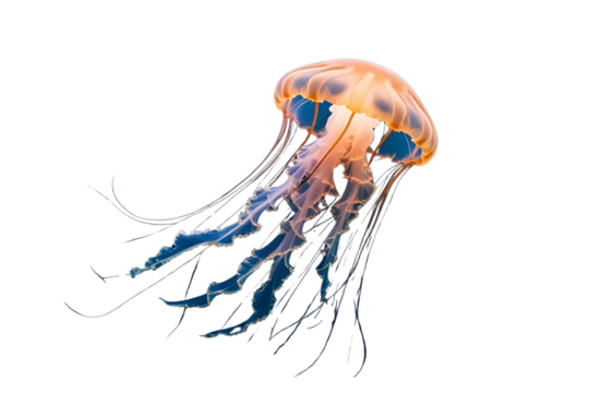 a jellyfish, with orange colors, set on a white backdrop, the rendering is with clear details, this image has a great style, made to be found, no background.