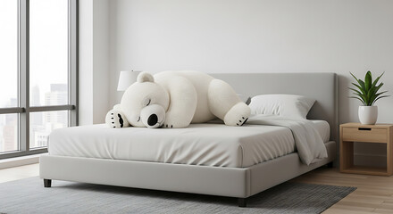 Minimalist Bedroom with Plush Polar Bear Toy &ndash; Cozy Modern Interior with Gray Bedding and Natural Light