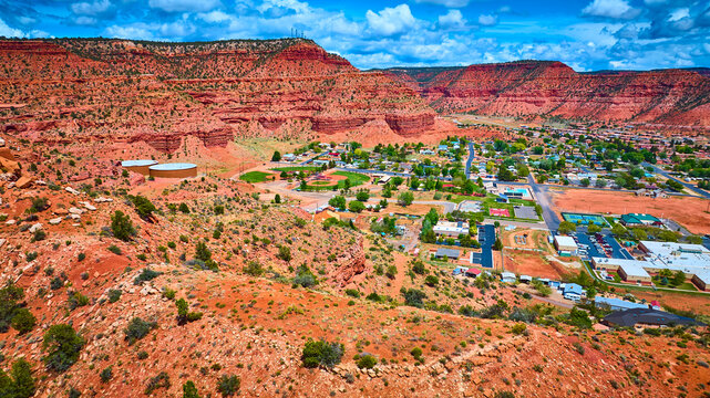 Aerial Small Town in Red Rock Canyon Kanab Utah Desert Landscape