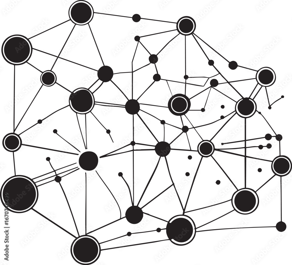 Poster big data nodes network outline. minimalistic black line art of abstract interconnected data points v
