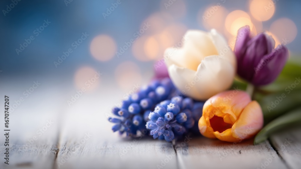 Poster bright spring flowers on a rustic table with a blurred backdrop