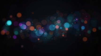 Abstract bokeh background with glowing colorful circles in blue, purple, and orange on dark backdrop, dreamy defocused lights for festive design, futuristic digital art, and modern graphic projects