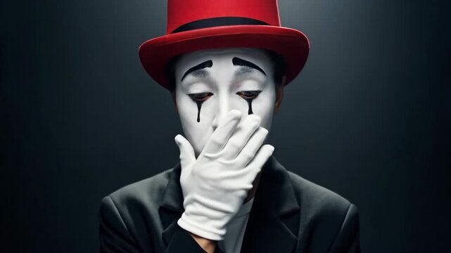 A sad and emotional mime artist in a red top hat and white gloves looks down with painted tears on his face expressing silent sorrow and heartbreak