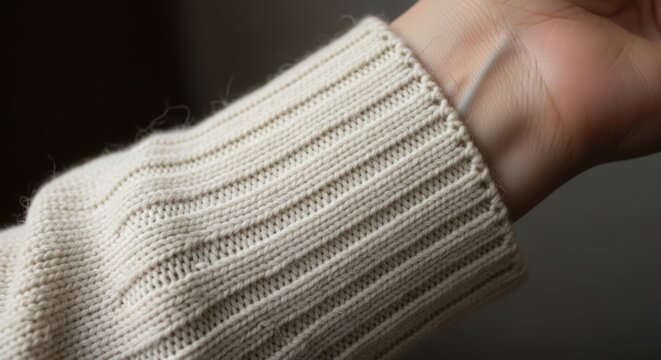 Beige knitted sweater sleeve on a wrist in close-up detail