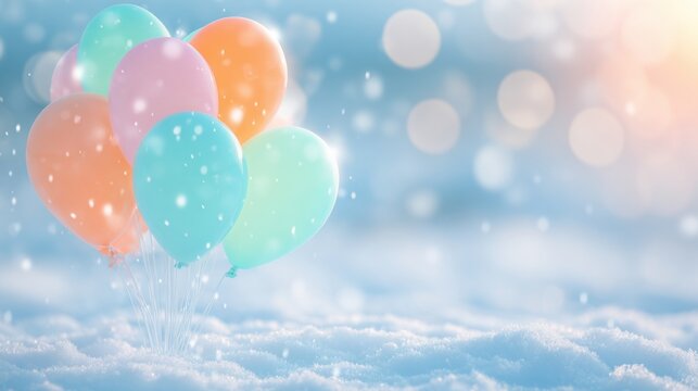 Colorful balloons in a winter landscape covered with snowflakes