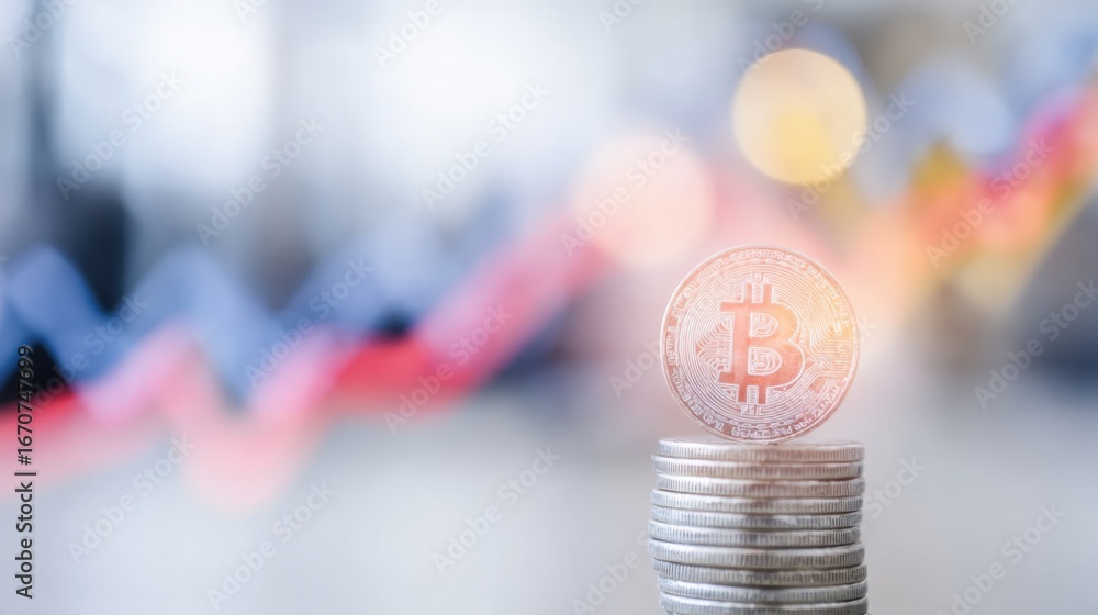Poster bitcoin coin on top of coins with upward trend line in background