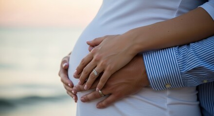 Expectant couple embracing baby bump by the seaside