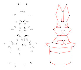 Connect the dots educational drawing game. Dot to dot by numbers puzzle. Google Font Fira Sans Condensed. Rabbit in magic hat. © Hydriona