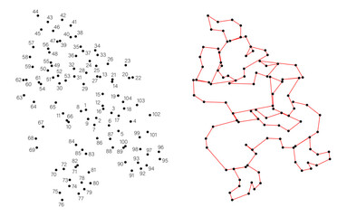 Fototapeta premium Connect the dots educational drawing game. Dot to dot by numbers puzzle. Google Font Fira Sans Condensed. Ukrainian dances the national dance hopak.